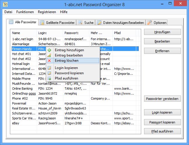 Screenshot vom Programm: 1-abc.net Password Organizer