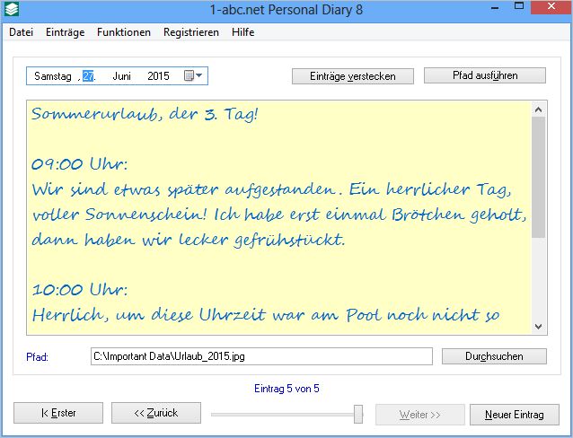 Screenshot vom Programm: 1-abc.net Personal Diary