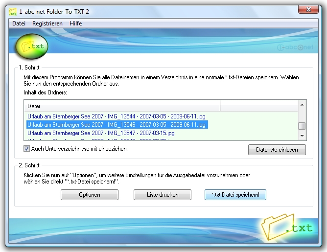 Screenshot vom Programm: 1-abc.net Folder-To-TXT