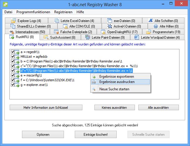 Screenshot vom Programm: 1-abc.net Registry Washer