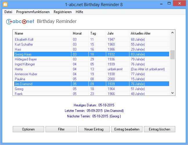 Screenshot vom Programm: 1-abc.net Birthday Reminder