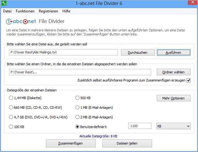 Screenshot vom Programm: 1-abc.net File Divider